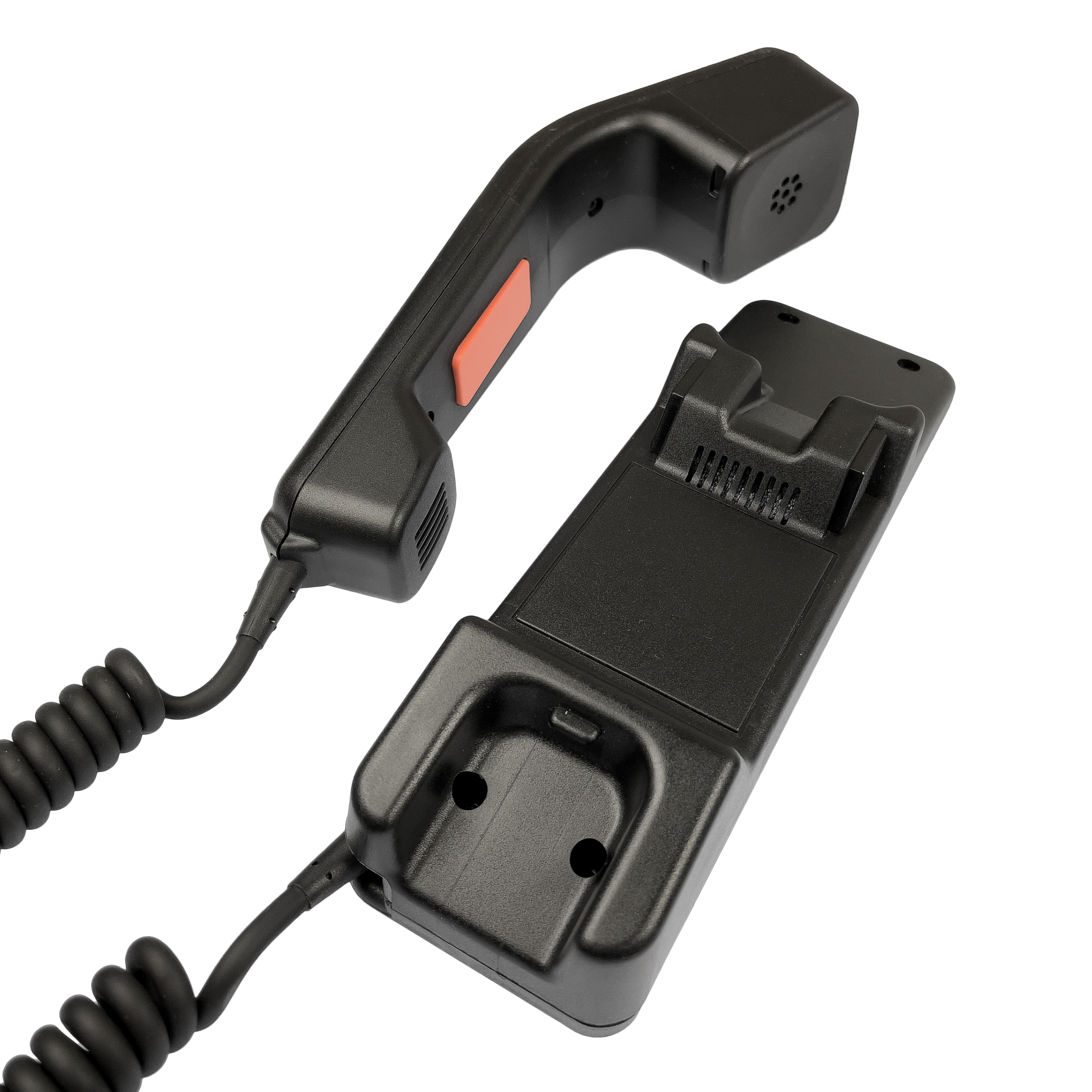 Combiné téléphonique noir avec bouton rouge et station de base.