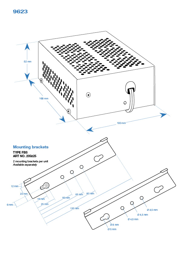 Technische tekening van een ventilatie-apparaat met montagebeugels en afmetingen.