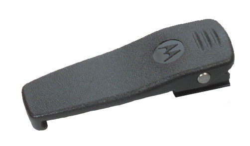 Black belt clip with embossed logo and metal clasp.