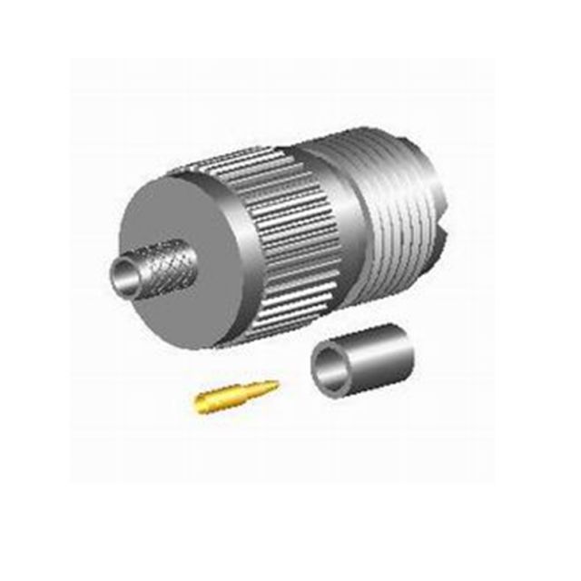 Exploded view van een coaxiale kabelconnector met onderdelen.