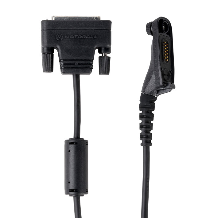 Zwart kabel met Motorola-connector en zes-pins aansluitingen.