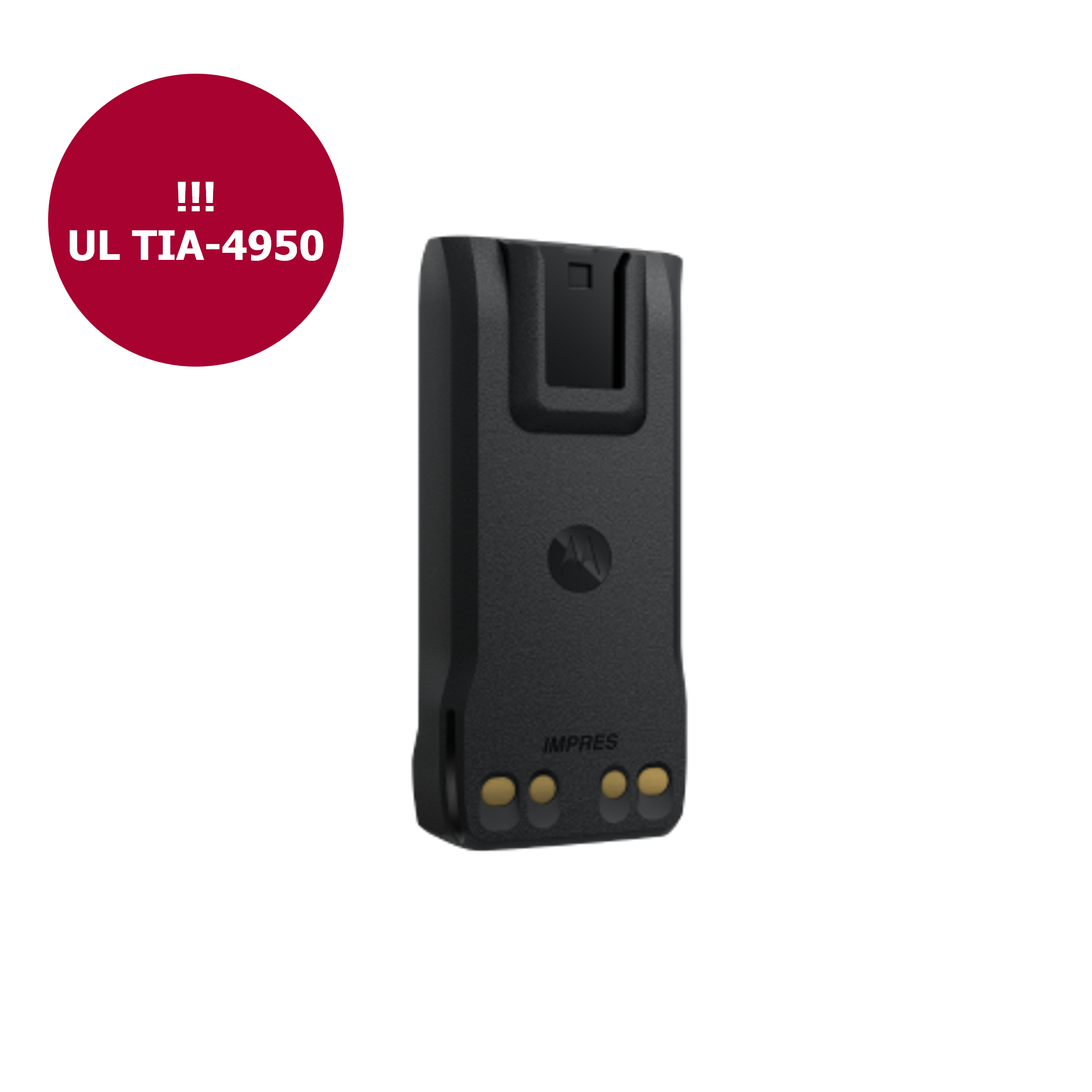 Zwarte batterij met waarschuwing voor versie UL TIA-4950 in rode cirkel.