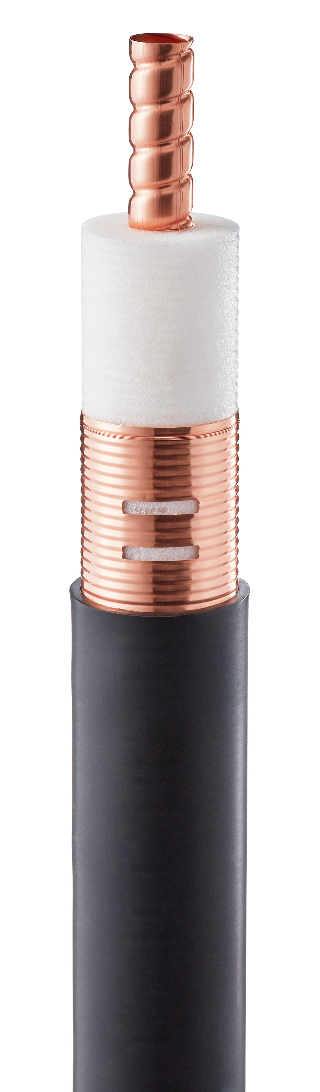 Cross-section of a coaxial cable with copper shielding and black casing.
