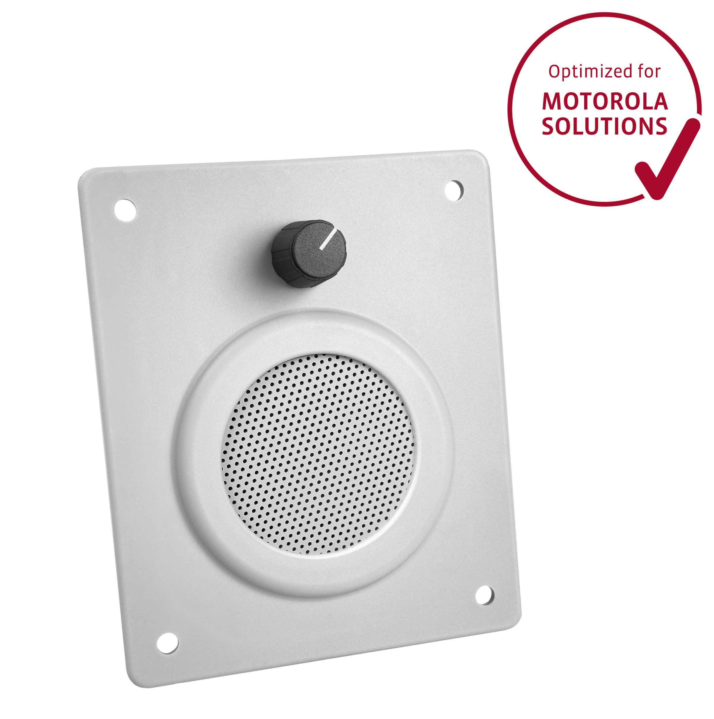 Panneau de haut-parleur gris avec bouton et ouverture grillagée.