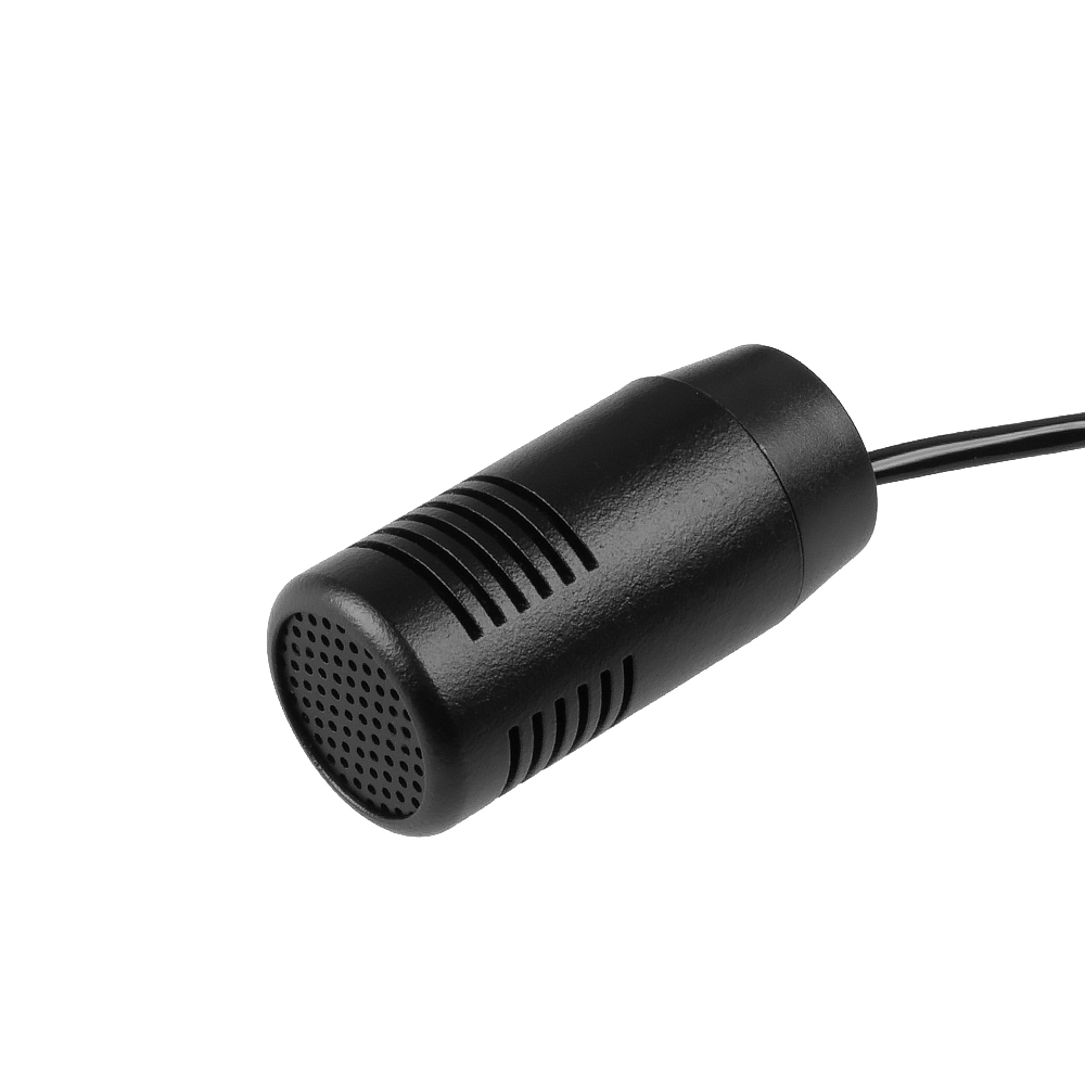 Zwart cilindrische microfoon met kabel, zijgroeven.