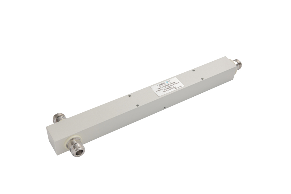 Rectangular metallic coupling mixer with two connectors.