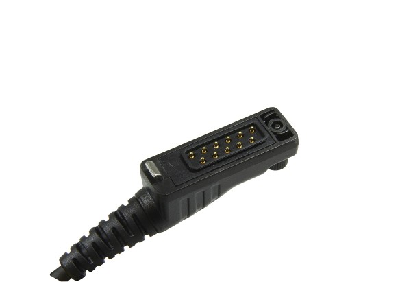 Zwarte elektrische connector met metalen pinnen.