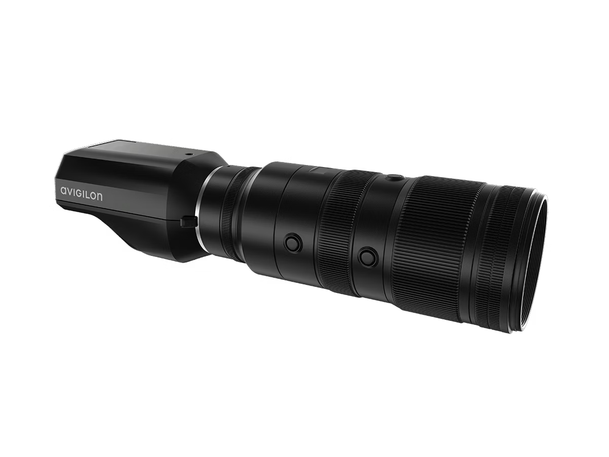 Objectif de surveillance cylindrique noir sur fond transparent.