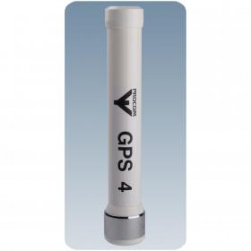 Witte GPS 4 antenne met zwarte tekst op blauwe achtergrond.