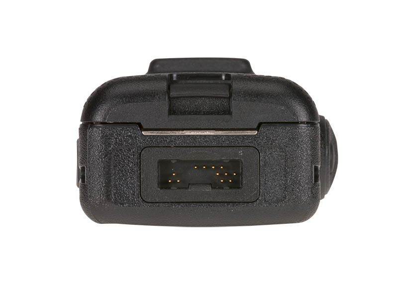Zwarte plastic connector met meerdere pinnen.