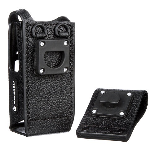 Black leather case and belt clip for radio.