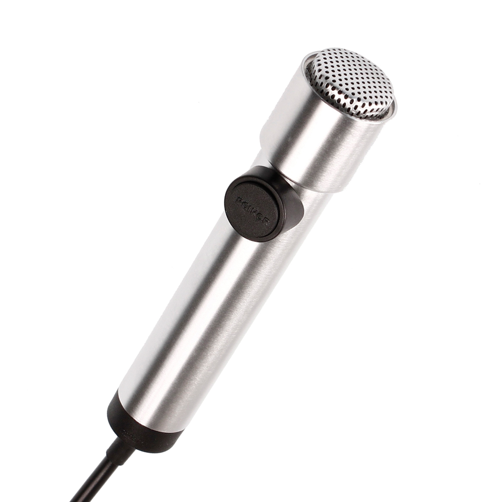 Silver microphone with black switch and cable connection