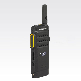 Black handheld radio with antenna and yellow-bordered speaker.