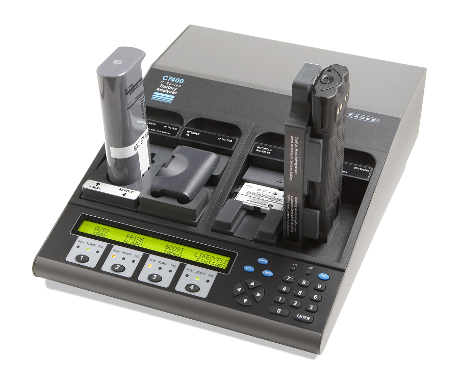 Device for analyzing and charging batteries with multiple slots and display.
