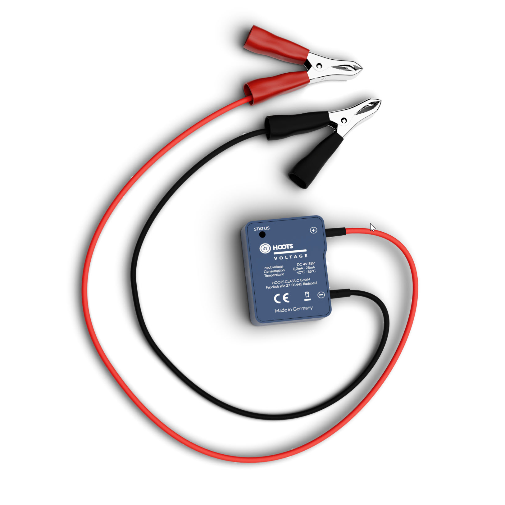Voltmeter met twee krokodillenklemmen in rood en zwart.