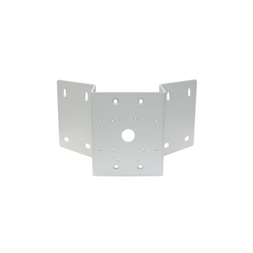 Witte, driedelige metalen beugel met meerdere gaten.