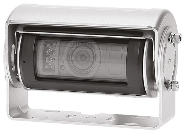Caméra de surveillance dans un boîtier métallique avec support réglable.