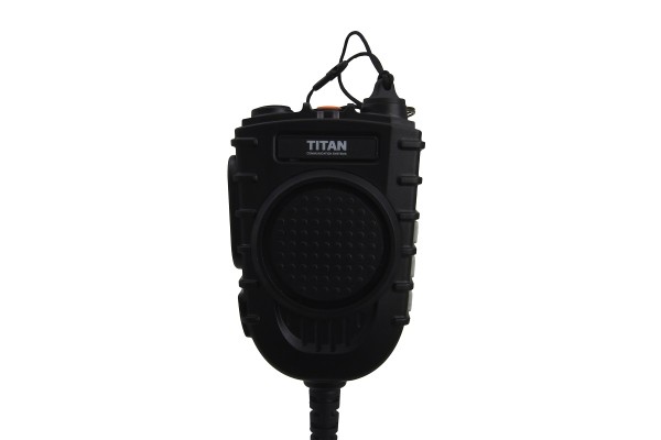 Black radio microphone with round speaker opening and brand name on top.
