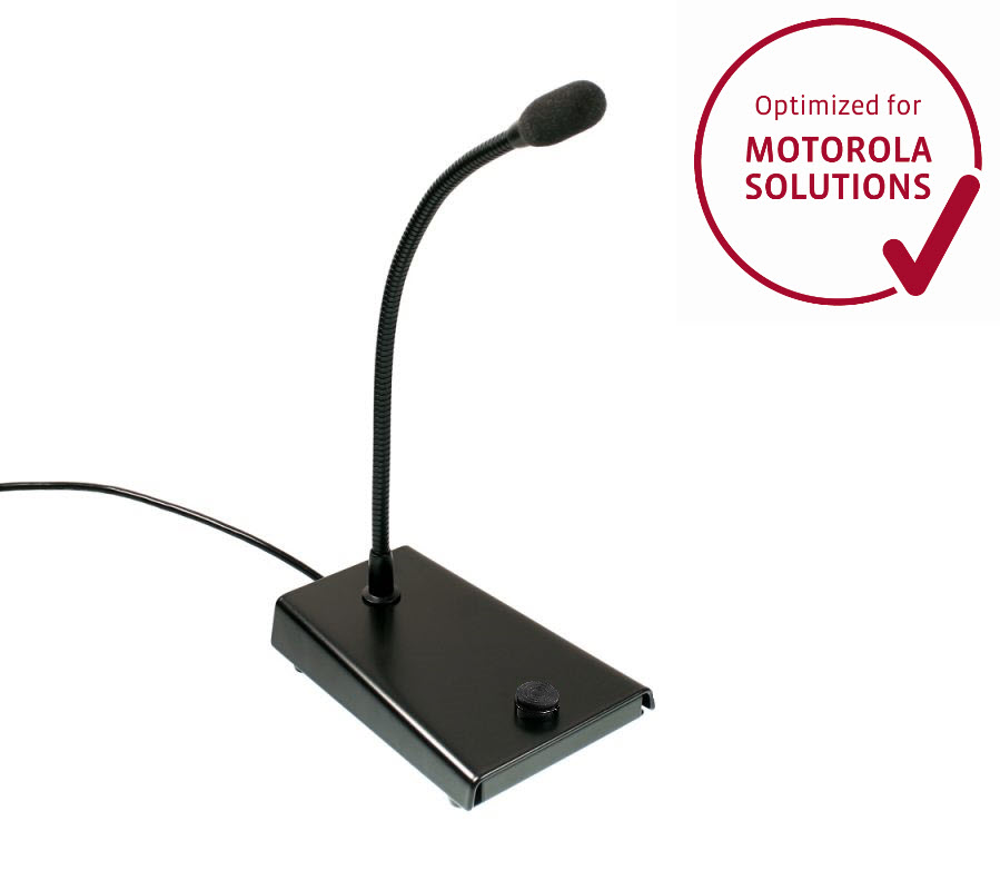 01_6401_12600041_PEI_Optimized_01.jpg Zwart tafelmicrofoon met flexibele zwanenhals, naast Motorola Solutions-logo.