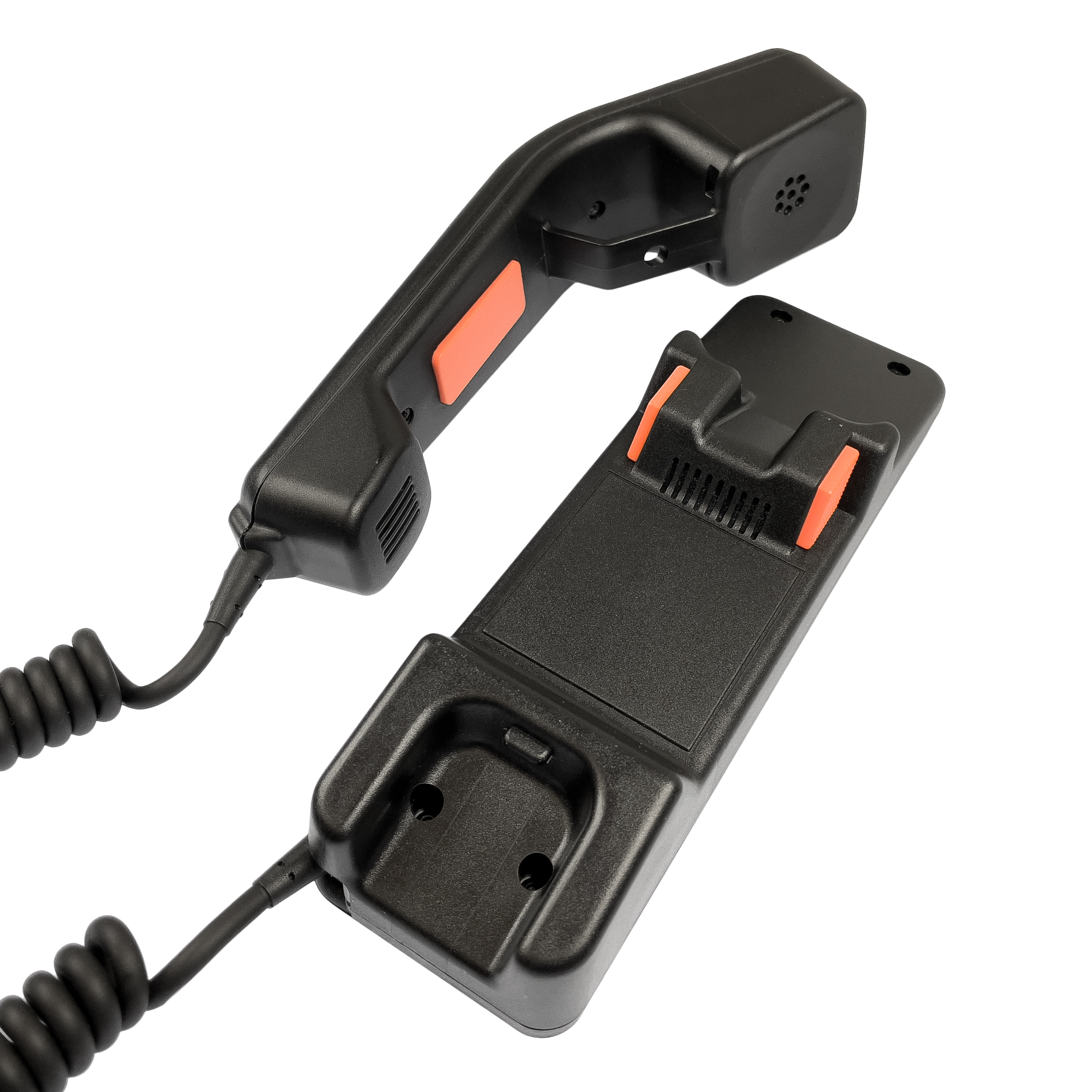 Black telephone handset with orange buttons on charging base.