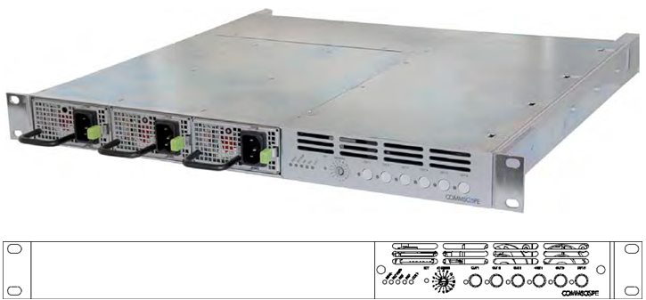 Boîtier métallique avec quatre modules, fentes de ventilation, voyants LED à l'avant.