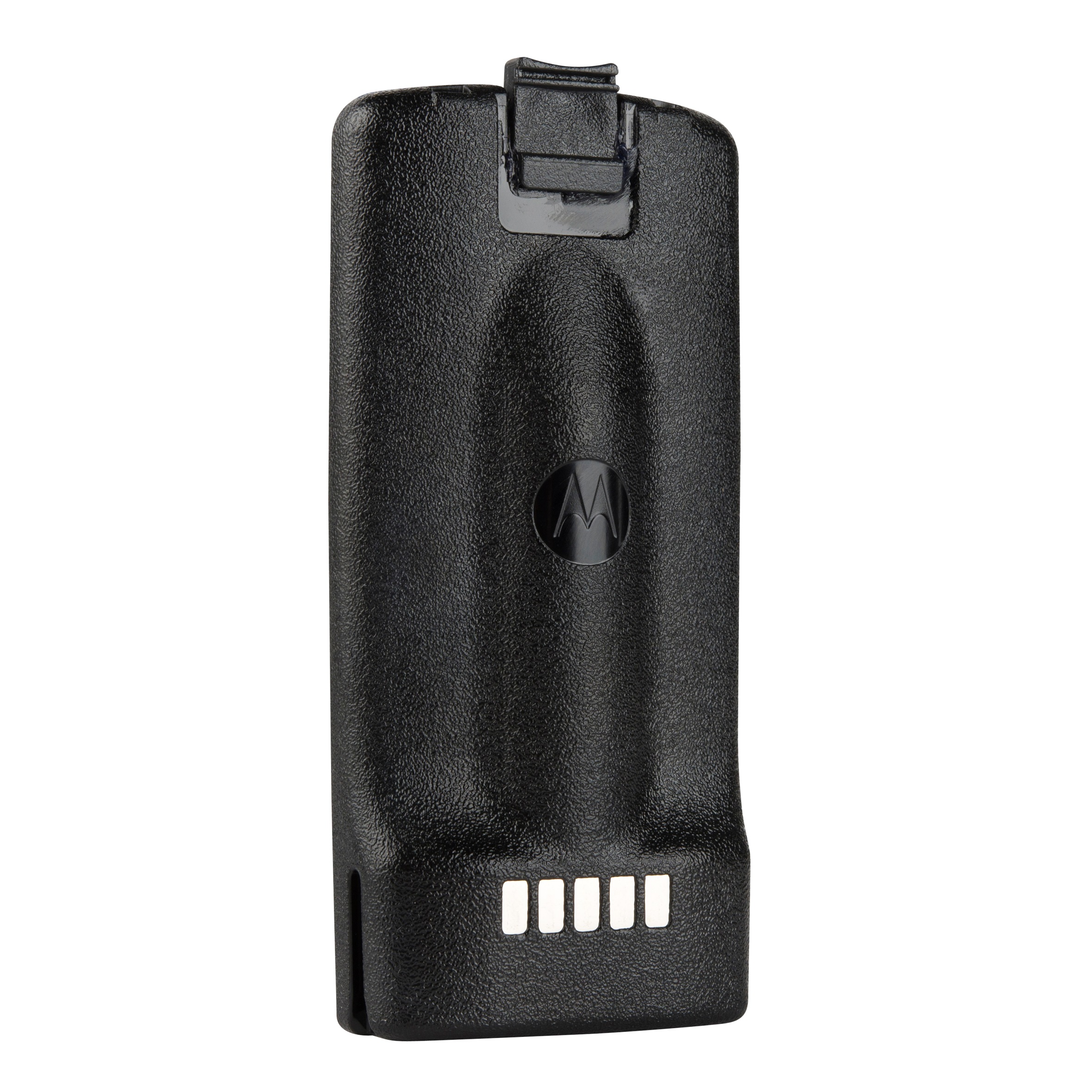 Batterie de radio noire avec clip et quatre contacts.