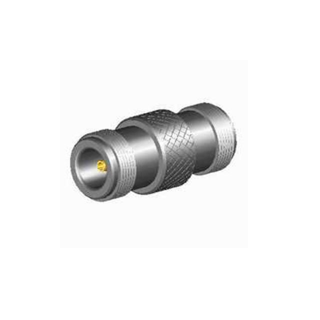 Zilverkleurige metalen adapter met geribbelde oppervlakte, cilindrisch, beide zijden schroefdraad.