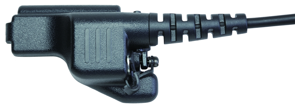 Black cable connector with ribbed strain relief and metal clip.