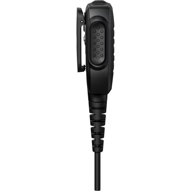 Zijaanzicht van een zwarte radiomicrofoon met kabel.