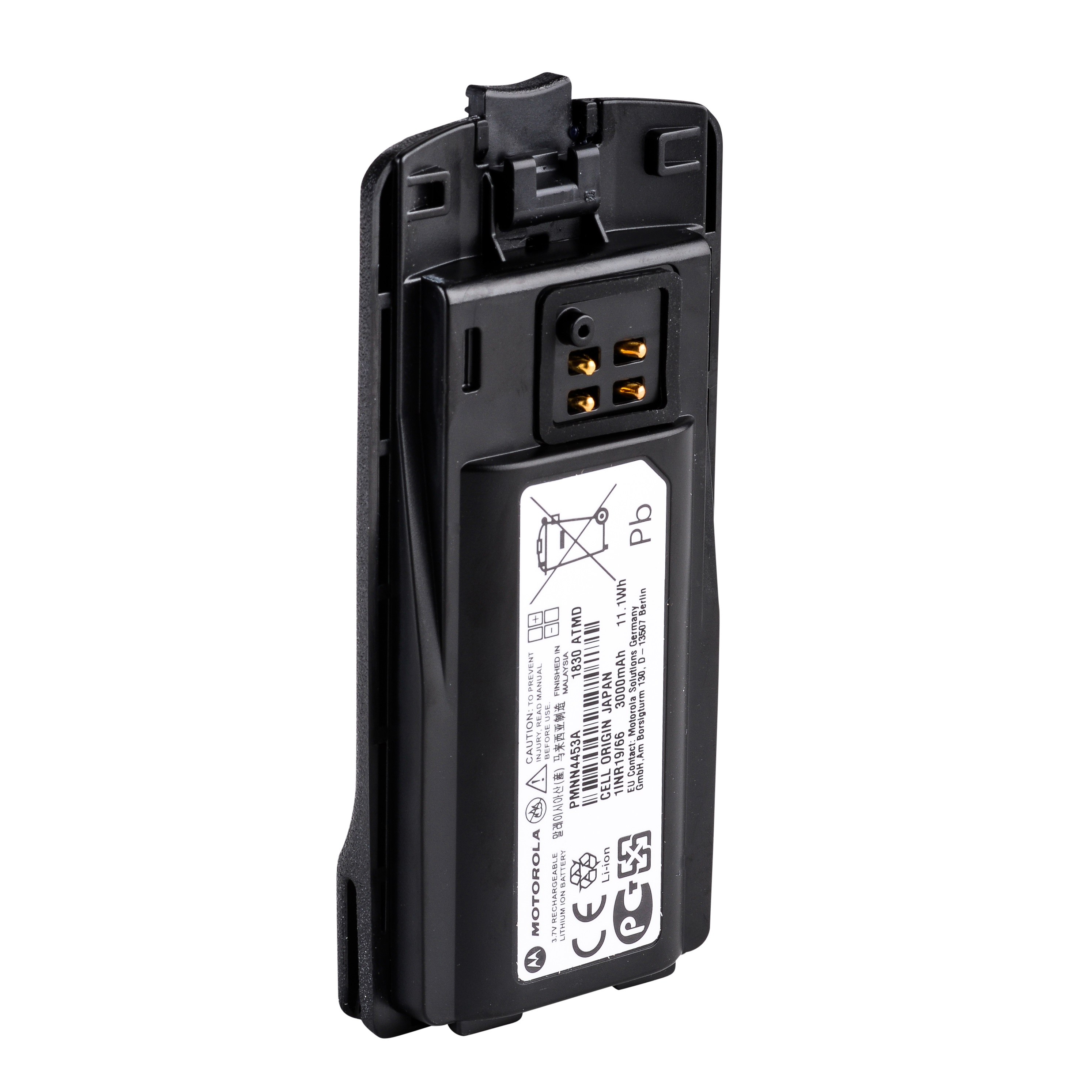 Zwarte batterij met zes contacten en wit label met technische details en symbolen.