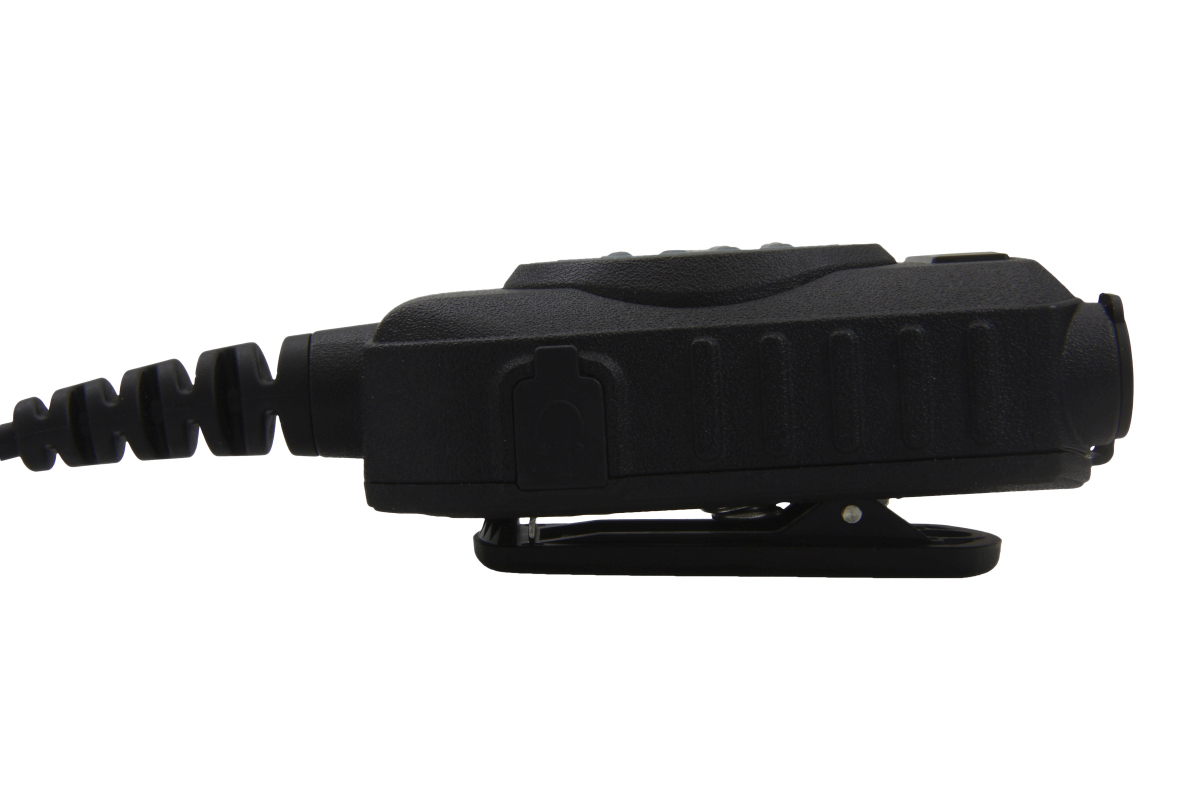 Side view of a black radio with a coiled cable.