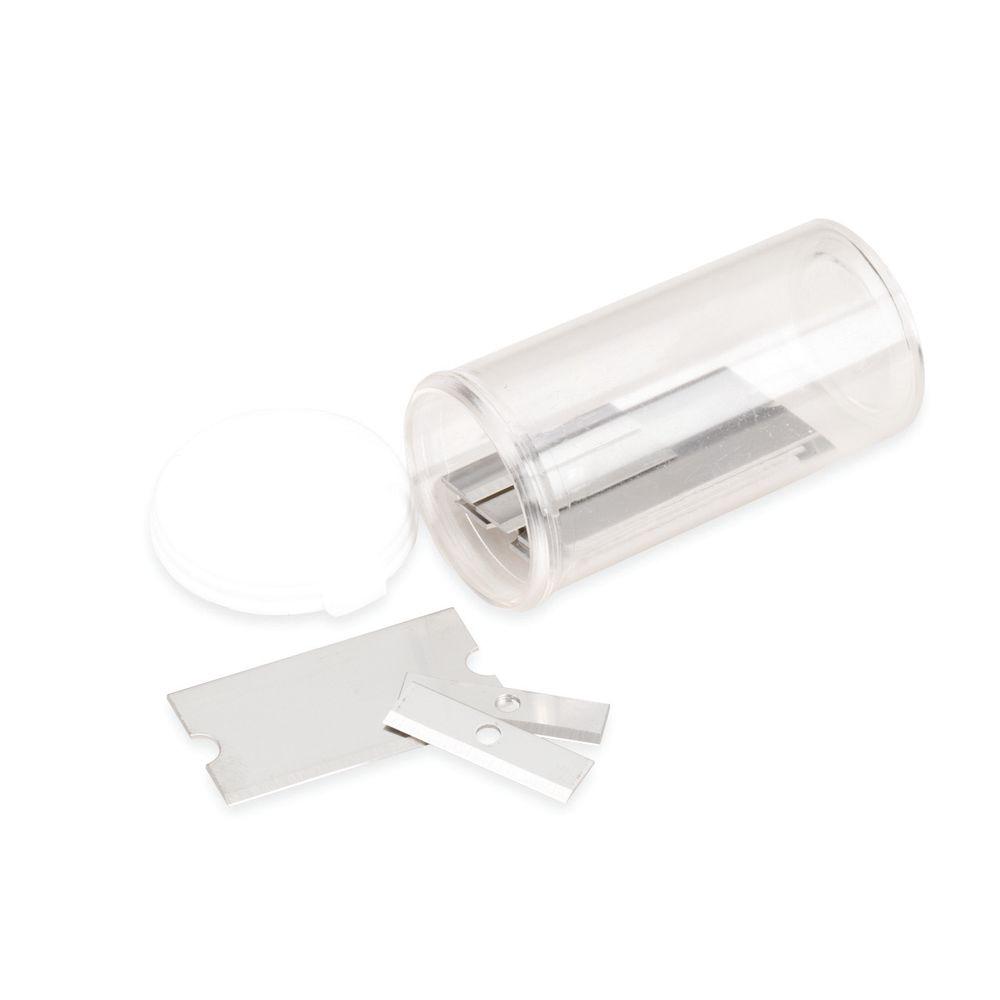 Transparent container with razor blades, two are outside.