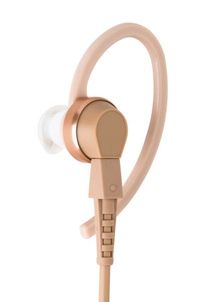 Beige oordopje met oorhaak en geribbeld snoer.