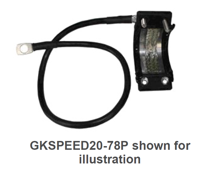 Black terminal lug with insulated cable and bracket.