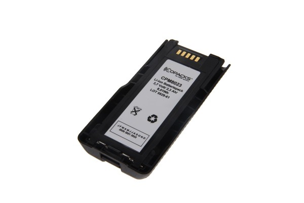 Zwart lithium-ion batterij met recyclingsymbool, etiket toont technische informatie.
