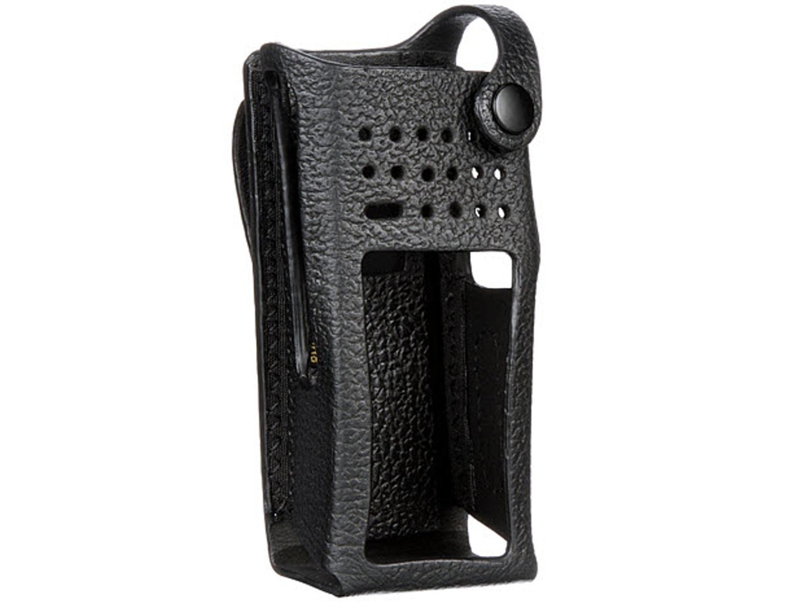 Black leather case with cutouts for electronic device.