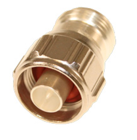 Metalen connector met zeskantmoer en centrale pin.
