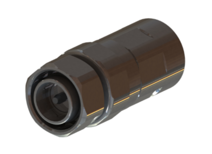 Metallic cylindrical connector with threads and a rounded end.