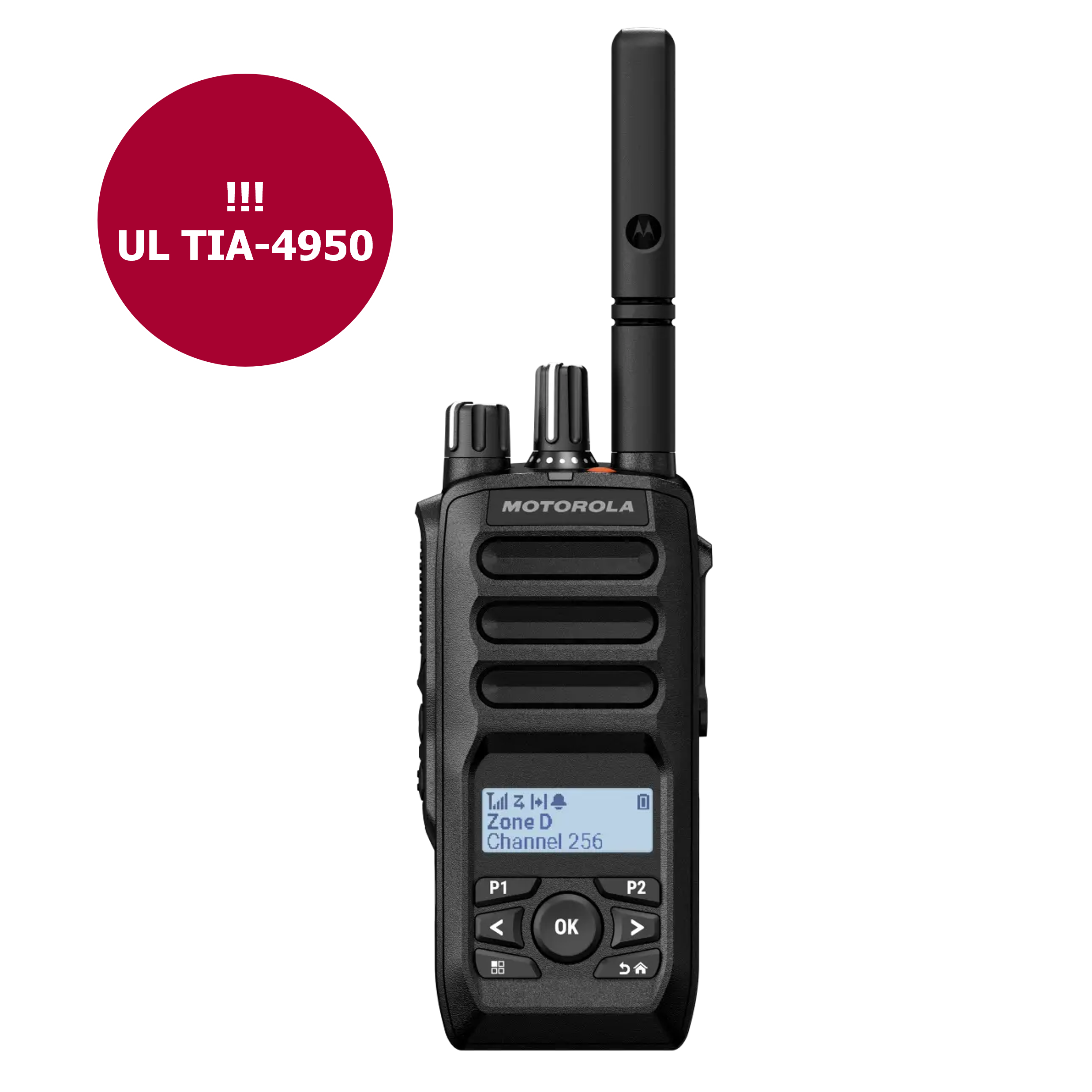 Handheld radio with UL TIA-4950 label, display shows Zone D, Channel 256.