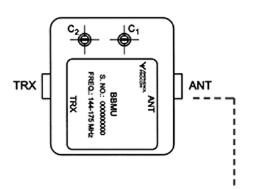 Schéma d'un module avec connexions TRX et ANT, étiqueté C1, C2.