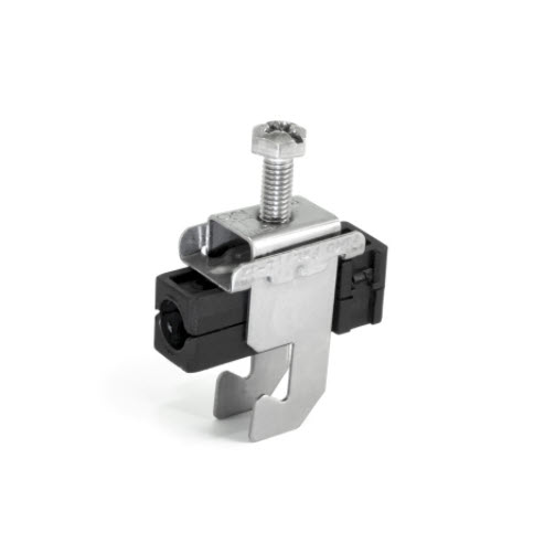 Pince argentée avec vis et partie en plastique noir.