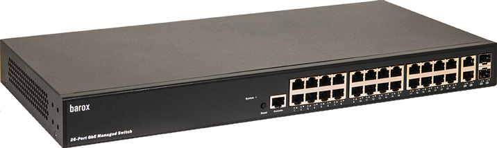 Zwarte 26-poorts gigabit-switch met netwerkinterfaces.
