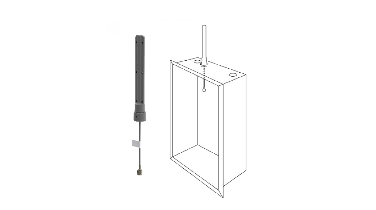 7000_00751055_SMA_01.jpg Grijze antenne naast installatiehandleiding met kabelaansluiting.