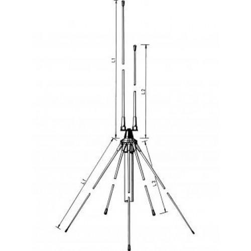Diagram of an antenna with vertical and radial rods, measurements marked on rods.