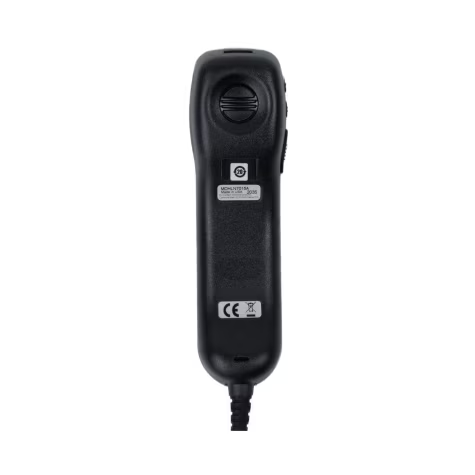 Black remote control with cord, one button, and labels.