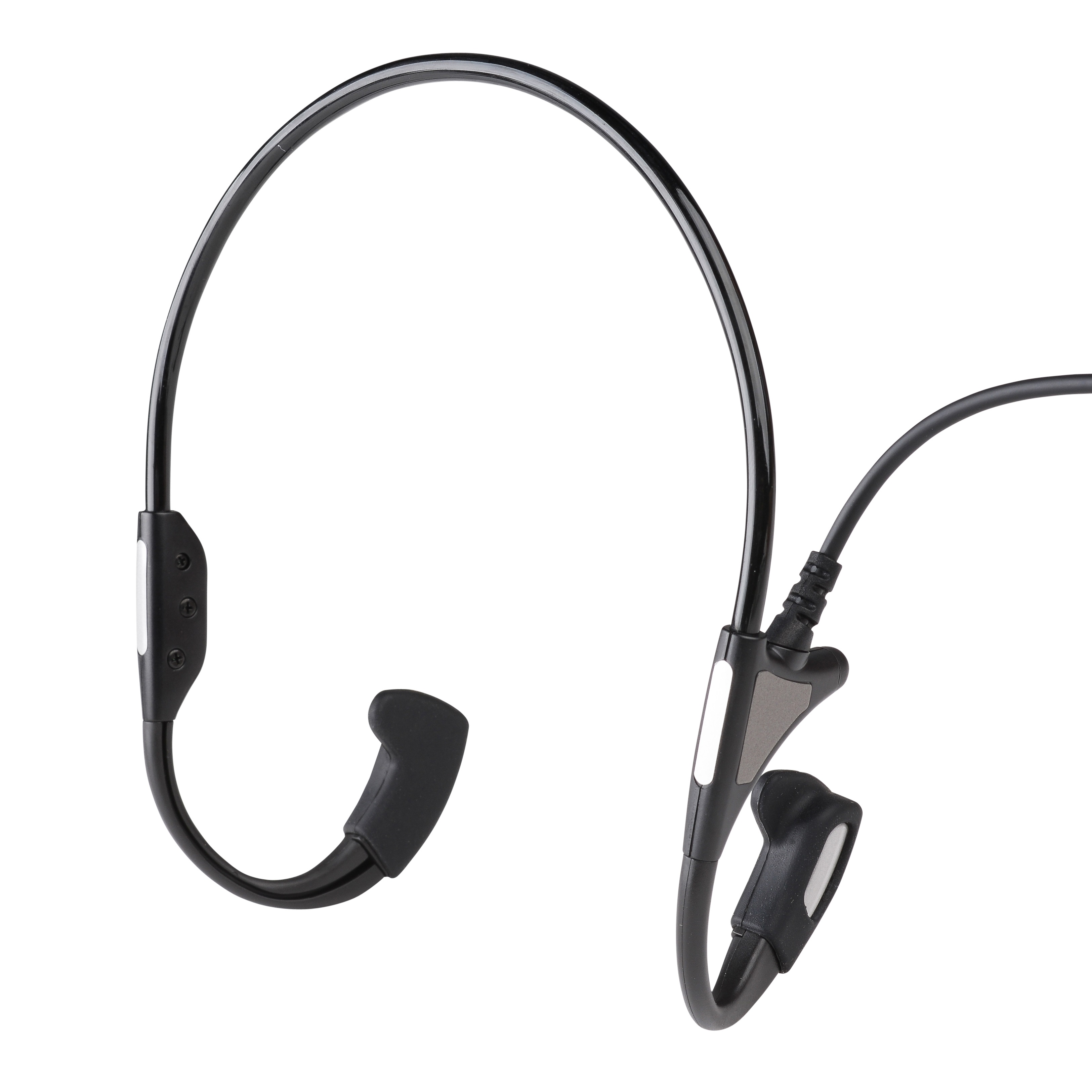 Black bone conduction headphones with flexible band and cable.