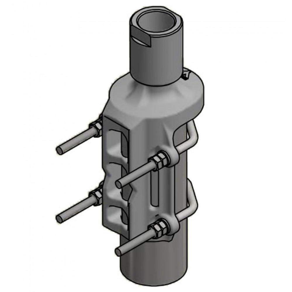 3D-model van een technisch onderdeel met buizen en aansluitingen.