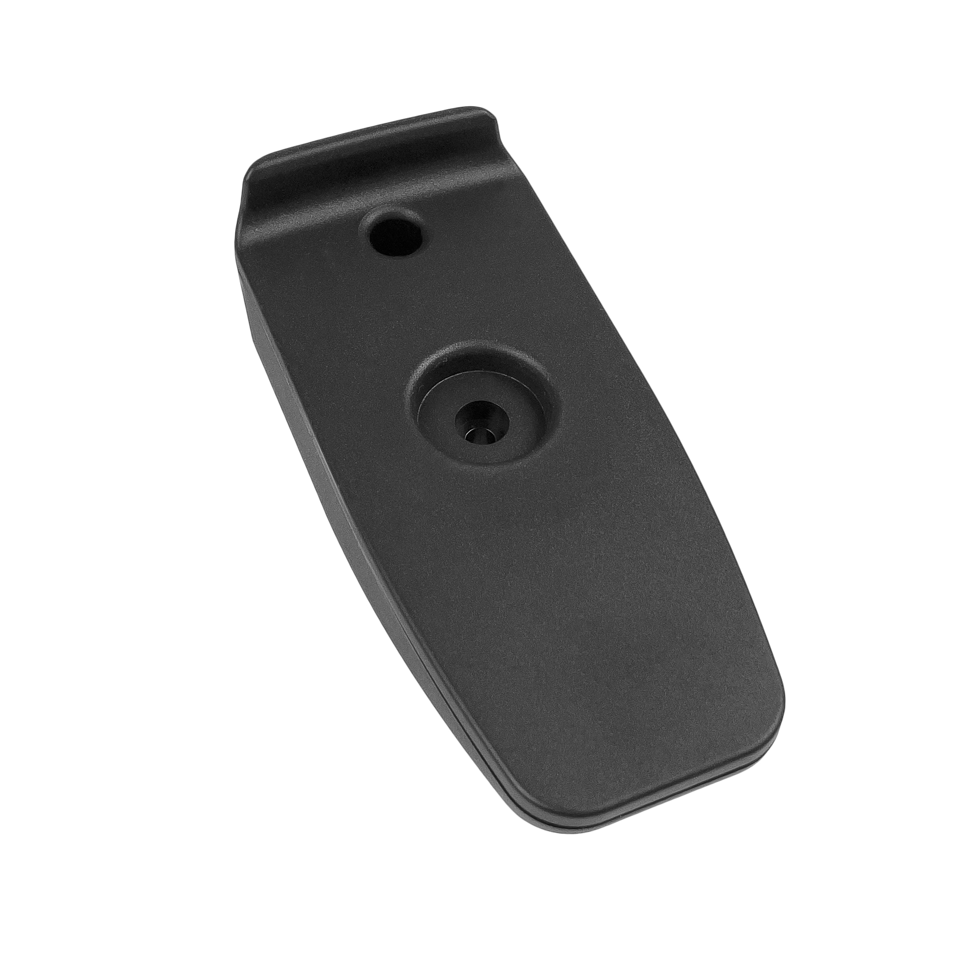 Black plastic bracket with two holes, rectangular shape.