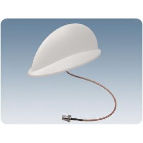 Witte halfbolvormige antenne met kabel en stekker.