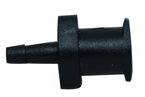 Black, cylindrical plastic part with conical connector
